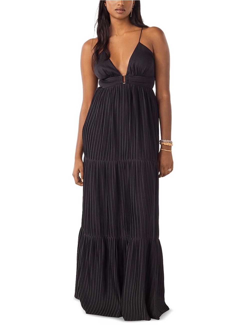 ba&sh Black Pleated Maxi Dress with Deep V-Neck